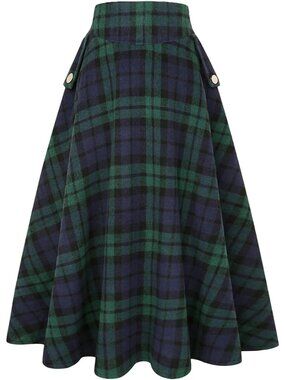Women's Plaid Green Fall Winter High Waisted Wool Plaid A-line Long Maxi Skirt